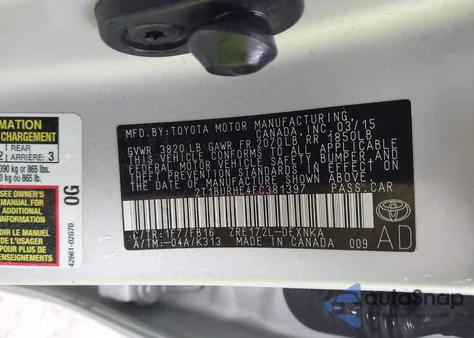 2015 Toyota Corolla S Plus from USA, damaged, VIN 2T1BURHE4FC381139